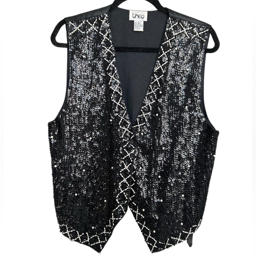 Theo Pearl Beaded Black Sequin Vest